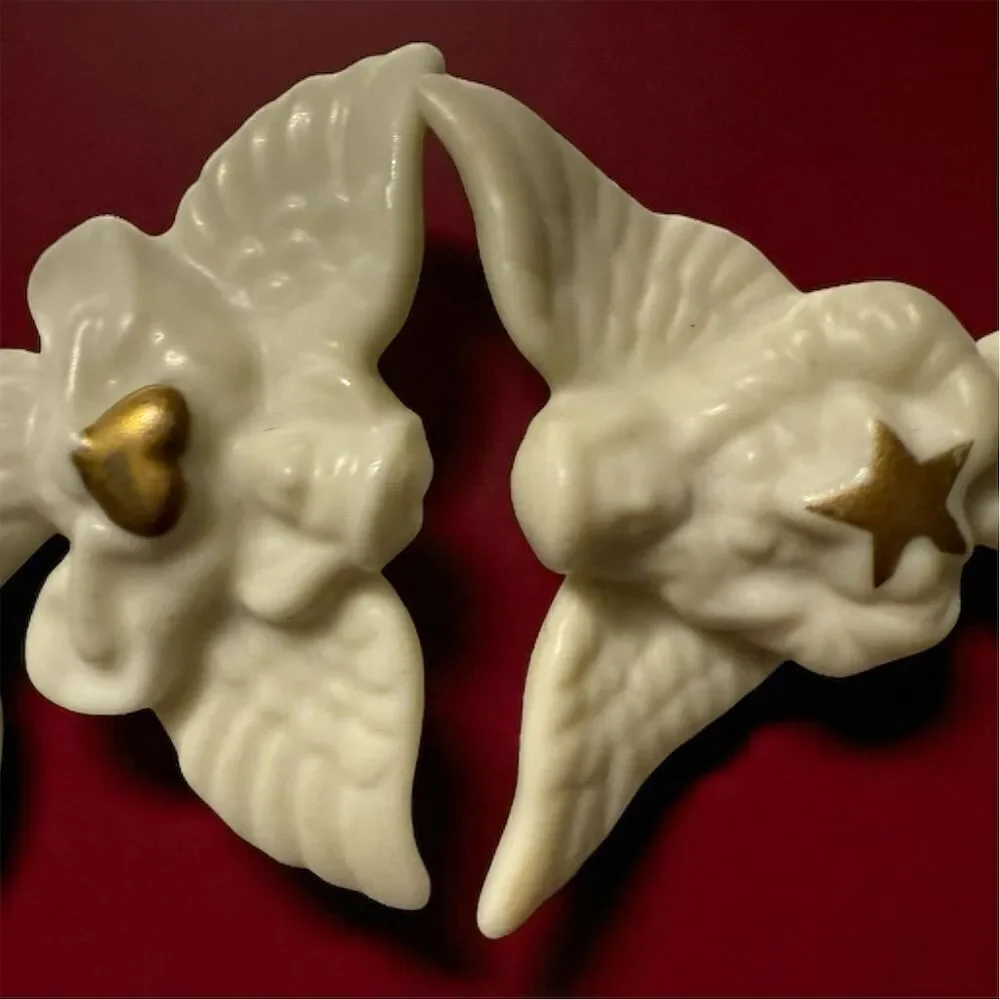 Vintage Lenox Two Porcelain Christmas Angel Brooch Gold Star Heart Collectible
